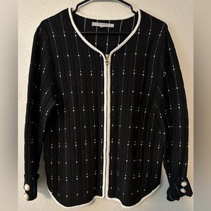 Marc New York Knit Full Zip Cardigan Black White Sweater Beaded Sleeves Pearls